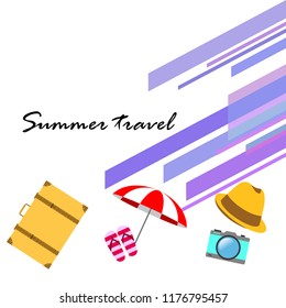 summer travel suitcase hat flip-flops umbrella camera vector background