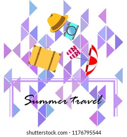 summer travel suitcase hat flip-flops umbrella camera vector background