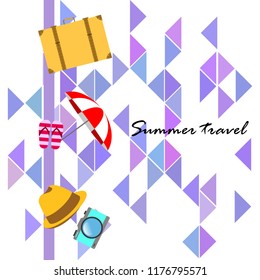 summer travel suitcase hat flip-flops umbrella camera vector background