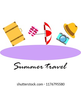 summer travel suitcase hat flip-flops umbrella camera vector background