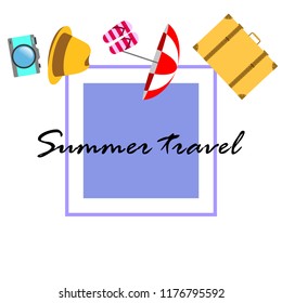 summer travel suitcase hat flip-flops umbrella camera vector background