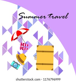 summer travel suitcase hat flip-flops umbrella camera vector background