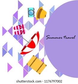 summer travel suitcase hat flip-flops umbrella camera vector background