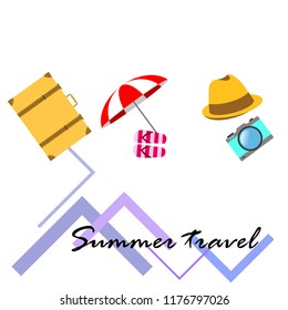 summer travel suitcase hat flip-flops umbrella camera vector background
