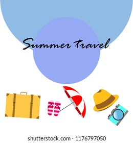 summer travel suitcase hat flip-flops umbrella camera vector background