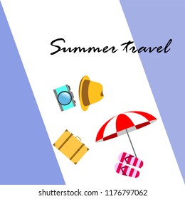 summer travel suitcase hat flip-flops umbrella camera vector background