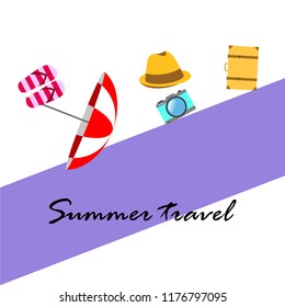 summer travel suitcase hat flip-flops umbrella camera vector background
