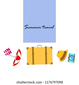 summer travel suitcase hat flip-flops umbrella camera vector background