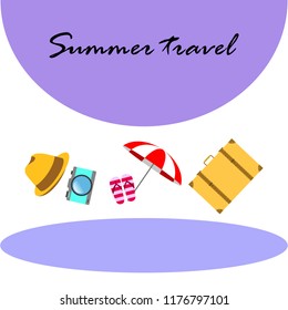 summer travel suitcase hat flip-flops umbrella camera vector background