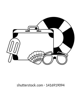 Summer and travel suitcase sunglasses shell and popsicle with float cartoons vector illustration graphic design