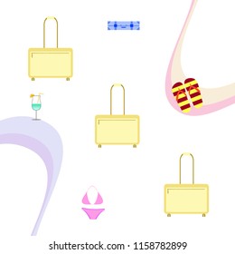 summer travel suitcase swimsuit flip flops cocktail vector background