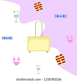 summer travel suitcase swimsuit flip flops cocktail vector background