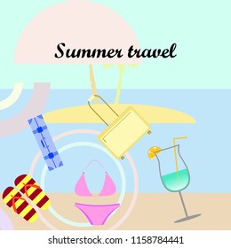 summer travel suitcase swimsuit flip flops cocktail vector background