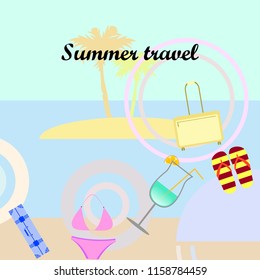 summer travel suitcase swimsuit flip flops cocktail vector background