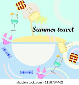summer travel suitcase swimsuit flip flops cocktail vector background