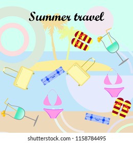 summer travel suitcase swimsuit flip flops cocktail vector background