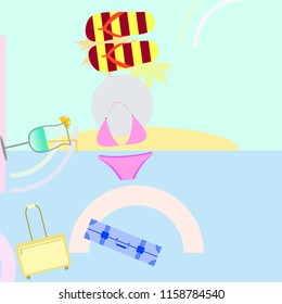 summer travel suitcase swimsuit flip flops cocktail vector background