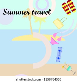 summer travel suitcase swimsuit flip flops cocktail vector background