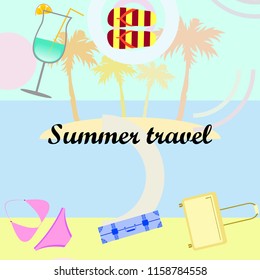 summer travel suitcase swimsuit flip flops cocktail vector background