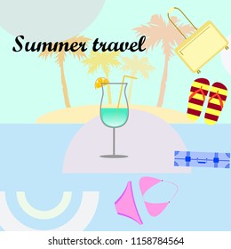 summer travel suitcase swimsuit flip flops cocktail vector background