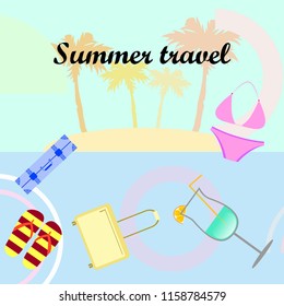 summer travel suitcase swimsuit flip flops cocktail vector background