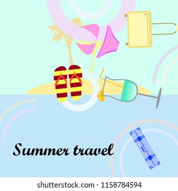 summer travel suitcase swimsuit flip flops cocktail vector background