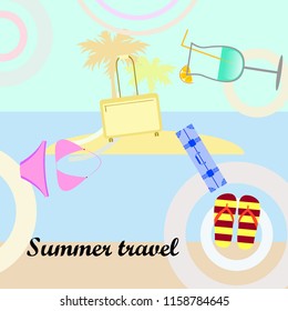 summer travel suitcase swimsuit flip flops cocktail vector background