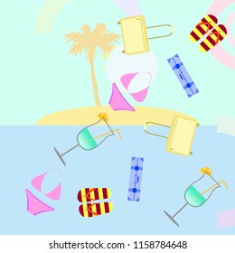 summer travel suitcase swimsuit flip flops cocktail vector background