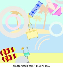 summer travel suitcase swimsuit flip flops cocktail vector background
