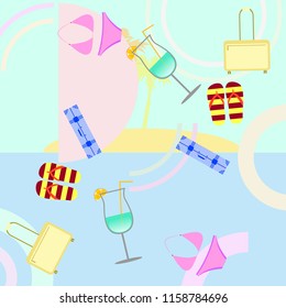 summer travel suitcase swimsuit flip flops cocktail vector background