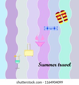 summer travel suitcase swimsuit flip flops cocktail vector background