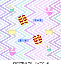 summer travel suitcase swimsuit flip flops cocktail vector background