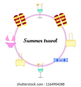 summer travel suitcase swimsuit flip flops cocktail vector background