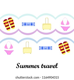 summer travel suitcase swimsuit flip flops cocktail vector background