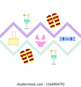 summer travel suitcase swimsuit flip flops cocktail vector background