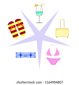 summer travel suitcase swimsuit flip flops cocktail vector background