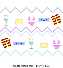 summer travel suitcase swimsuit flip flops cocktail vector background