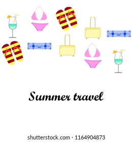 summer travel suitcase swimsuit flip flops cocktail vector background