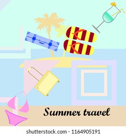 summer travel suitcase swimsuit flip flops cocktail vector background