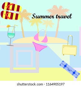 summer travel suitcase swimsuit flip flops cocktail vector background