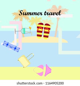 summer travel suitcase swimsuit flip flops cocktail vector background