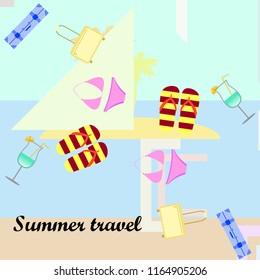 summer travel suitcase swimsuit flip flops cocktail vector background