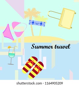 summer travel suitcase swimsuit flip flops cocktail vector background