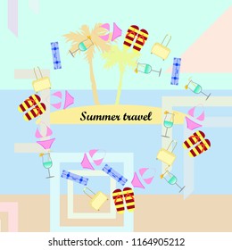 summer travel suitcase swimsuit flip flops cocktail vector background