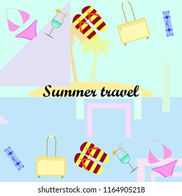 summer travel suitcase swimsuit flip flops cocktail vector background