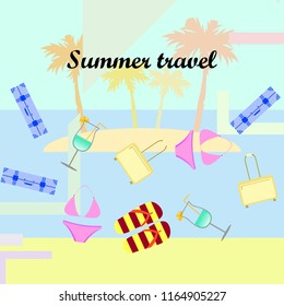 summer travel suitcase swimsuit flip flops cocktail vector background