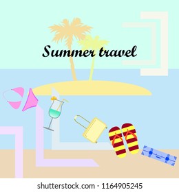 summer travel suitcase swimsuit flip flops cocktail vector background