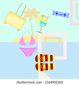 summer travel suitcase swimsuit flip flops cocktail vector background