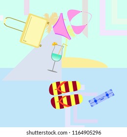 summer travel suitcase swimsuit flip flops cocktail vector background