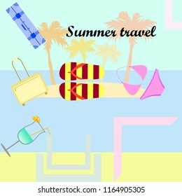 summer travel suitcase swimsuit flip flops cocktail vector background